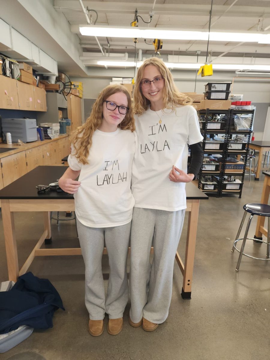 Courtesy of Laylah Debian.  Laylah Debian and Layla Simmons wearing their white lies t-shirts in celebration of spirit week.